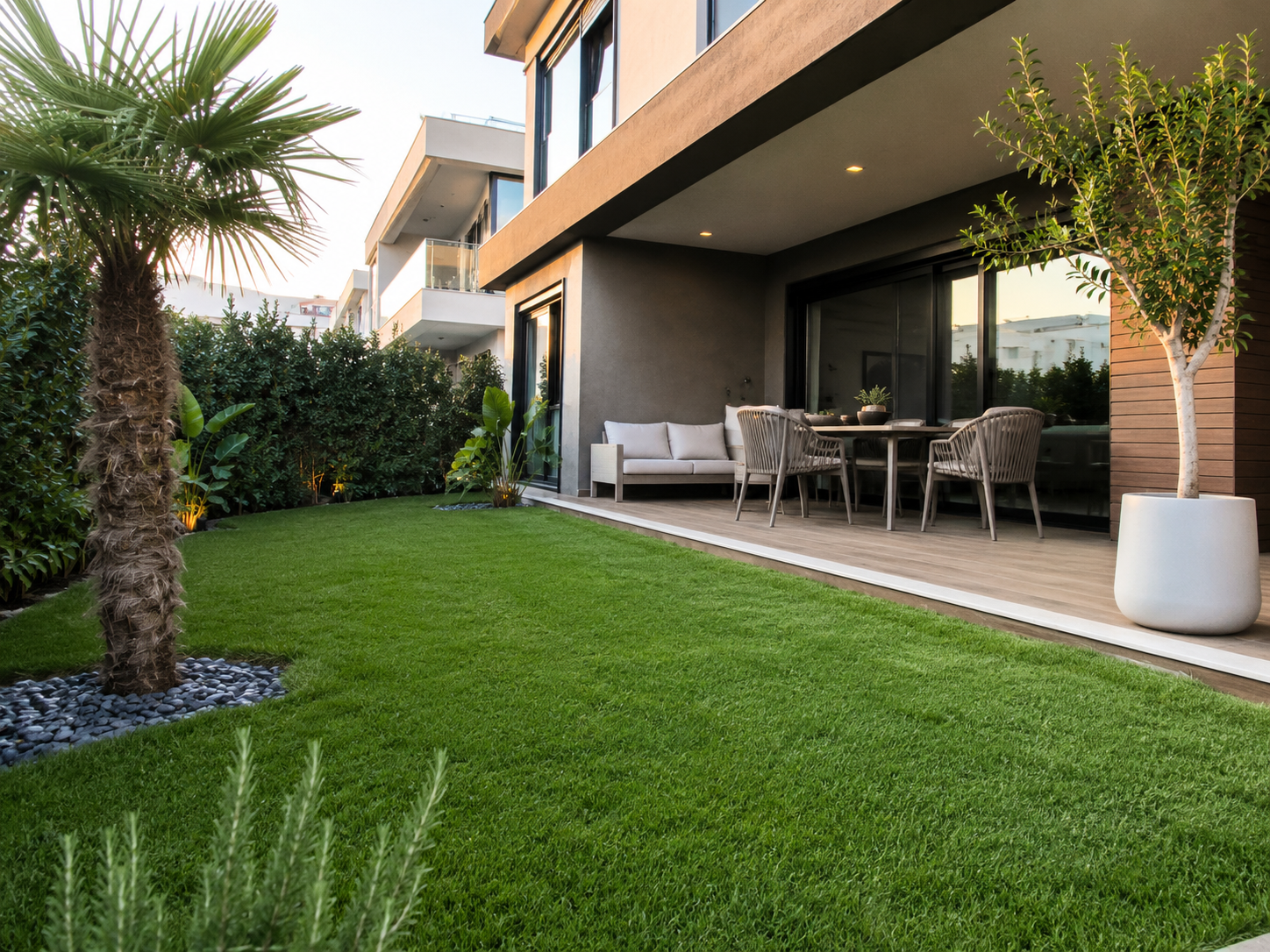 İzmir Mavişehir modern rulo çim ve teras uygulaması